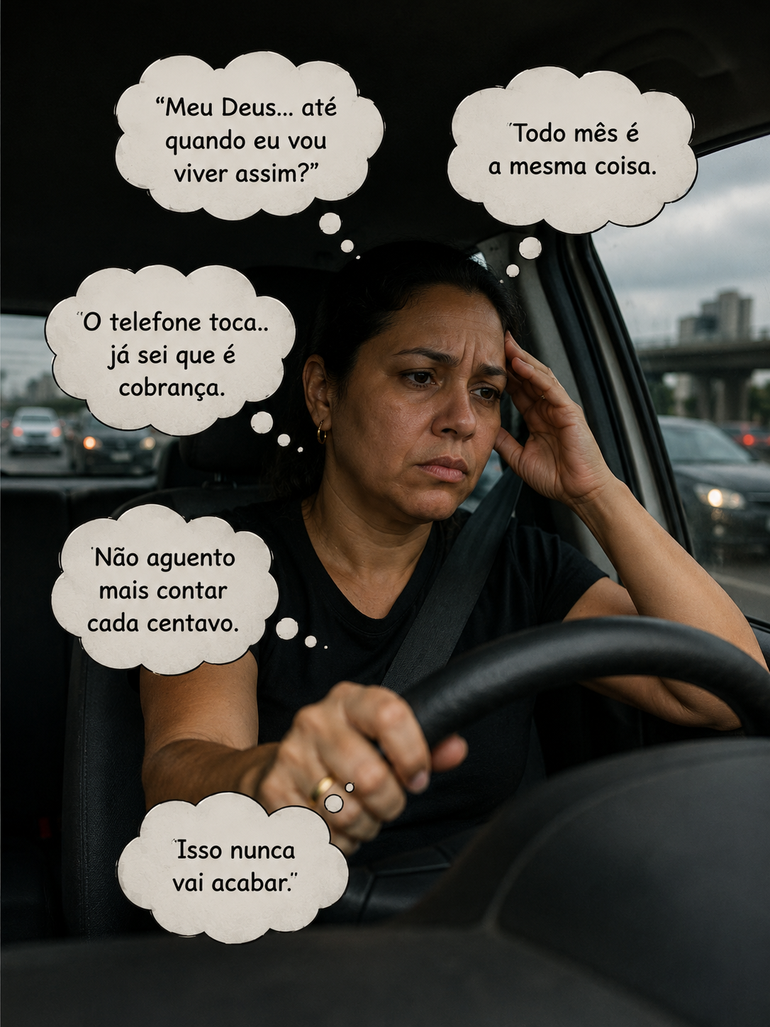 Meu Deus... até quando eu vou viver assim? Todo mês é a mesma coisa. O telefone toca.. já sei que é cobrança. Não aguento mais contar cada centavo. Isso nunca vai acabar.
