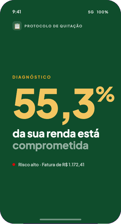 Tela de diagnóstico: 55,3% da sua renda está comprometida